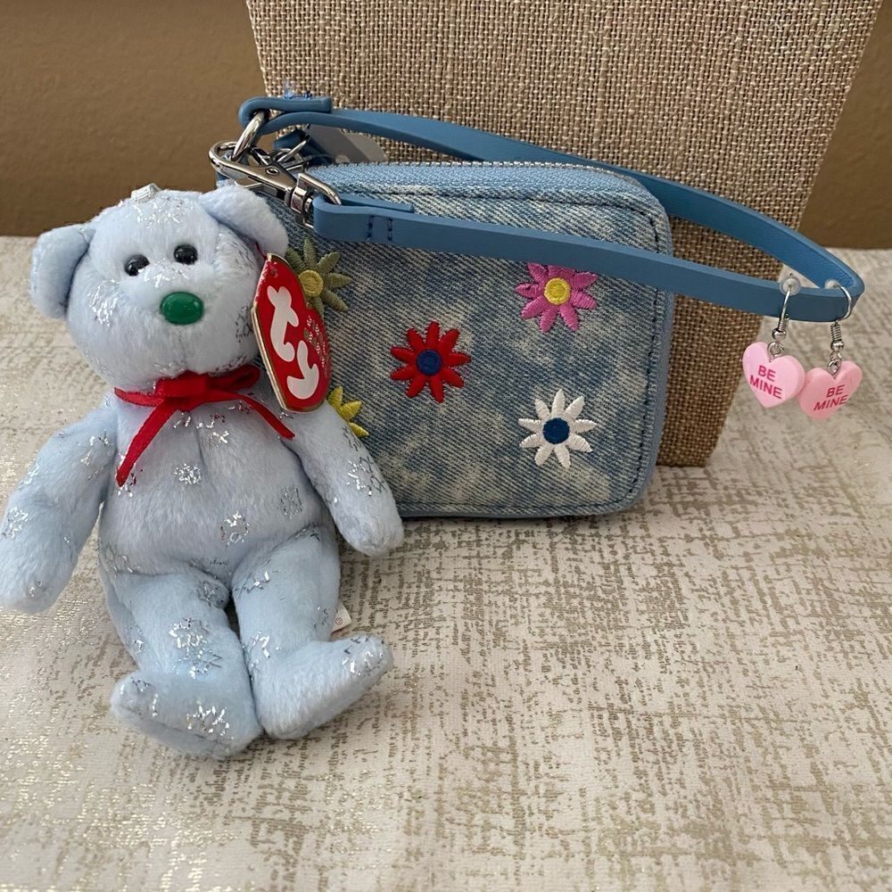 TY Jingle Beanie Bear, No Boundaries Floral Wristlet & Heart Earring Set - NWT